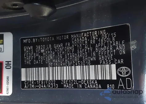 2015 Toyota Corolla S Plus z USA, uszkodzony, nr VIN 2T1BURHE9FC453016